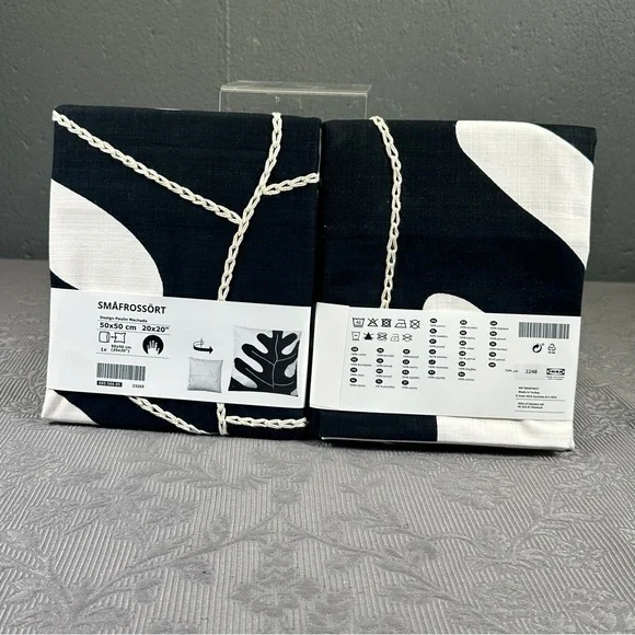 IKEA SMAFROSSORT Two Pillow Cushion Cover 20x20 Leaf Embroidered Off-White/Black - Picture 2 of 5